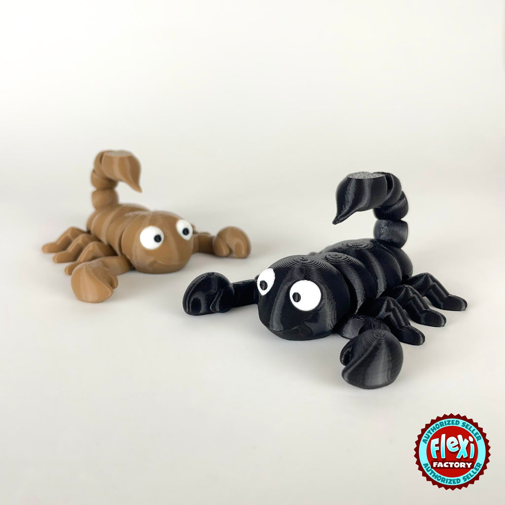 Cute scorpion keychain, 3D printed by RU3D – black and tan scorpions. Black, also in tan brown.