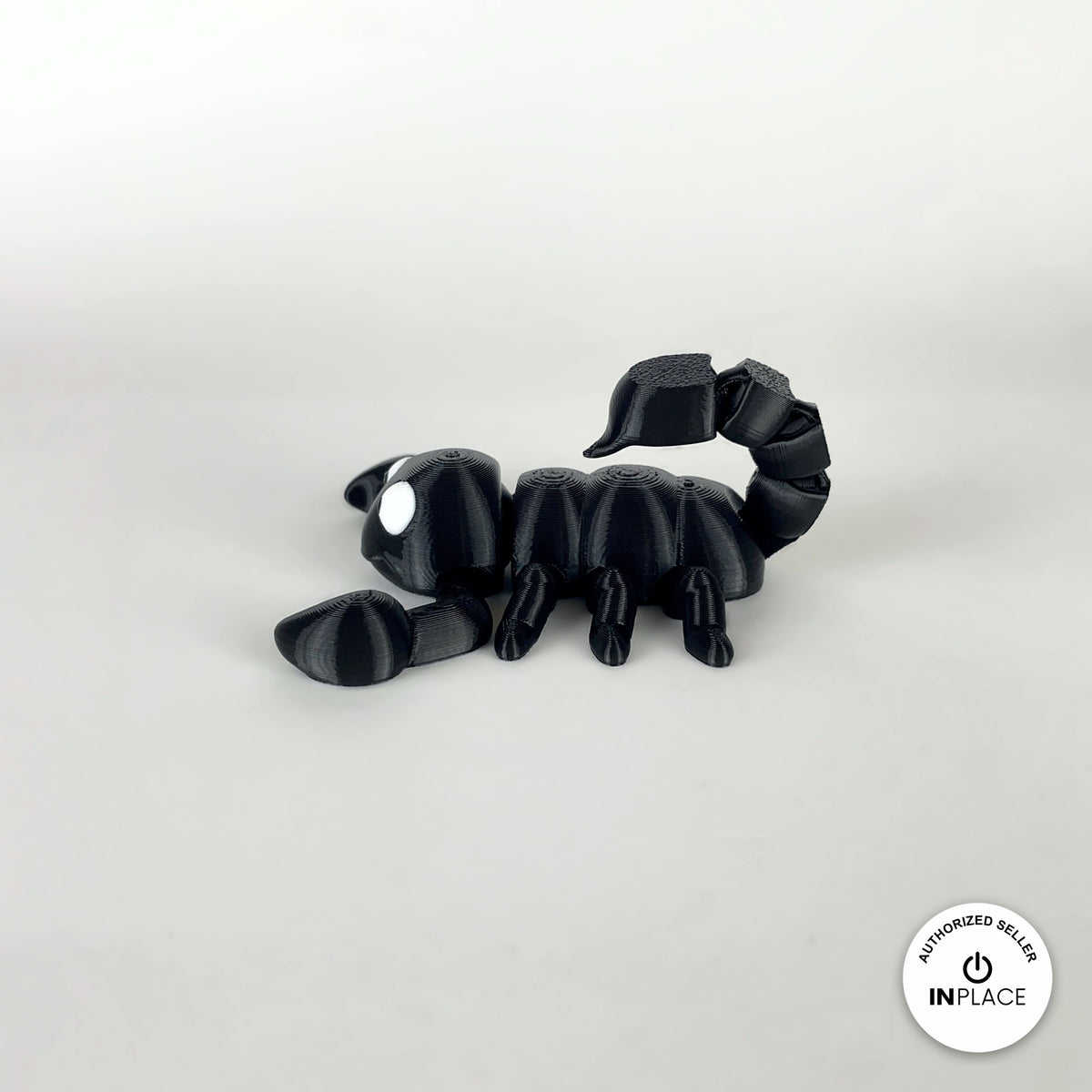 Cute scorpion keychain, 3D printed by RU3D – black side view facing left. Black, also in tan brown.