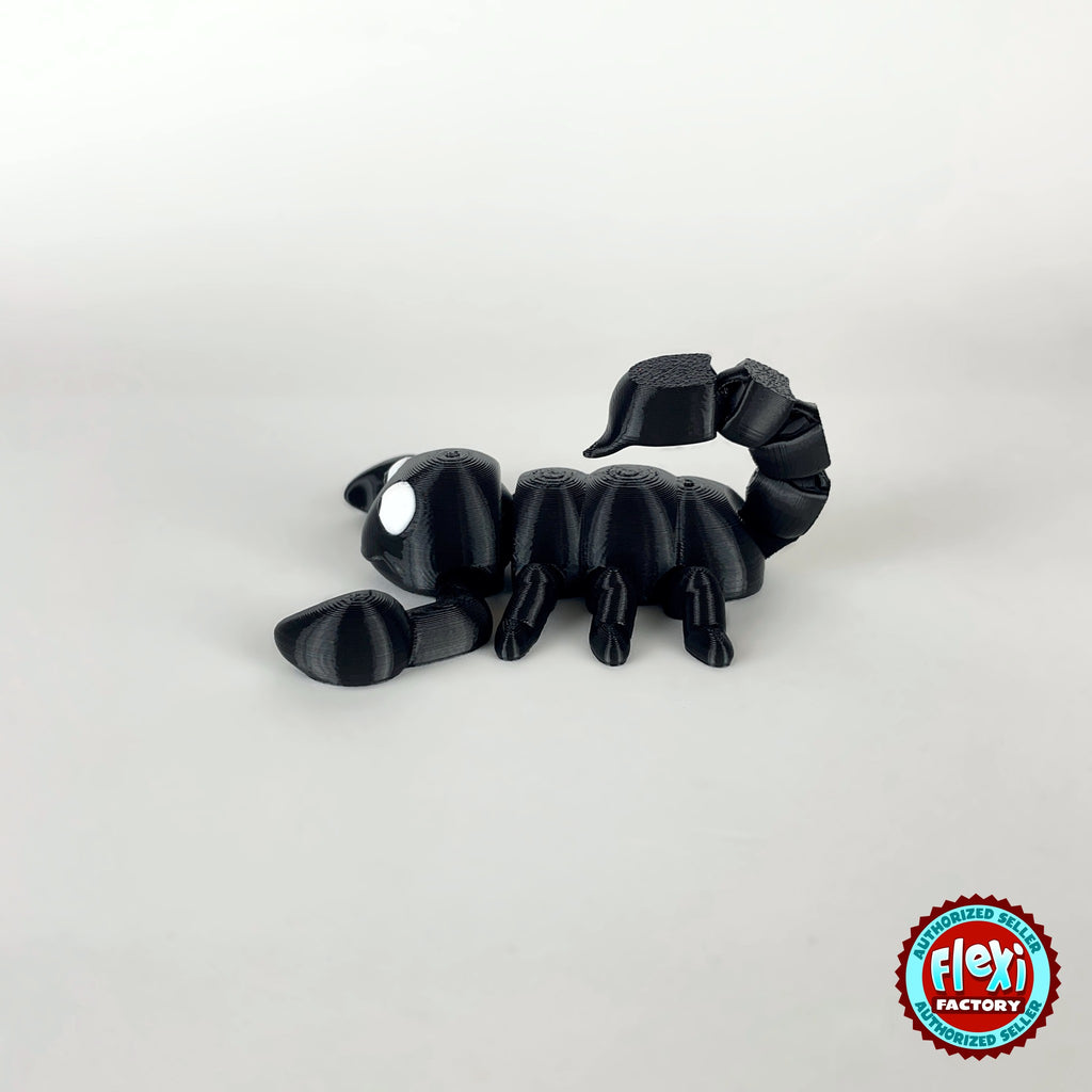 Cute scorpion keychain, 3D printed by RU3D – black side view facing left. Black, also in tan brown.