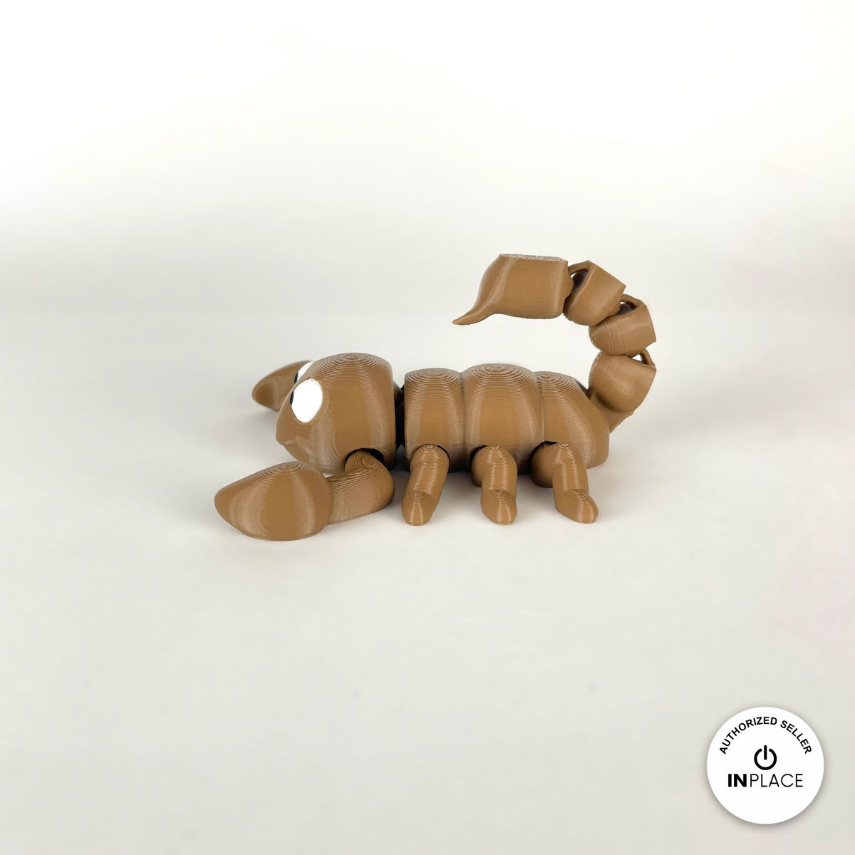 Cute scorpion keychain, 3D printed by RU3D – tan side view facing left. Black, also in tan brown.