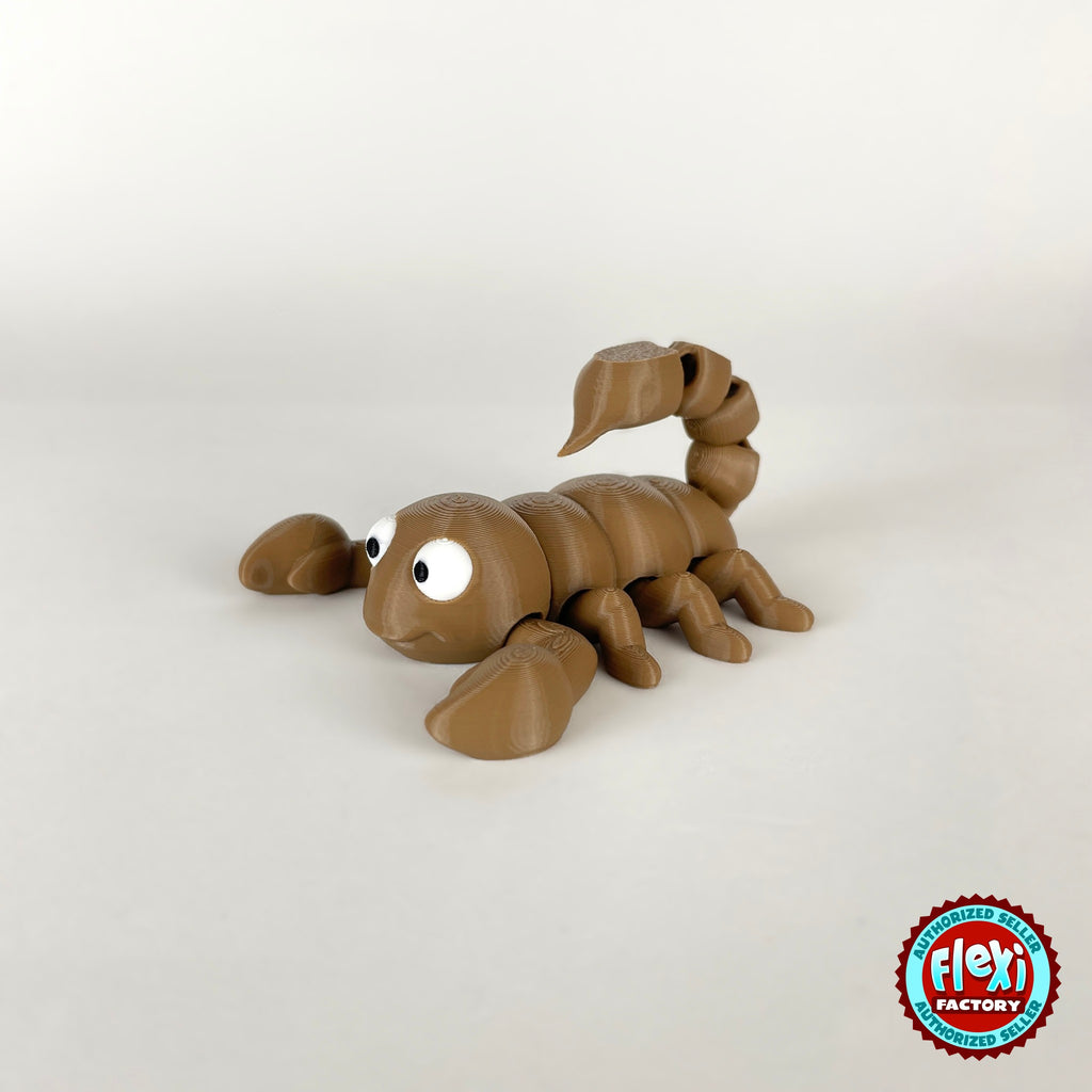 Cute scorpion keychain, 3D printed by RU3D – tan three quarter view facing left. Black, also in tan brown.