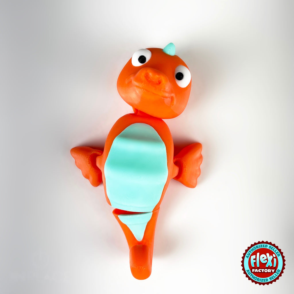 Cute seahorse keychain, 3D printed by RU3D – front view fins out. Orange with mint belly, also pink and yellow.