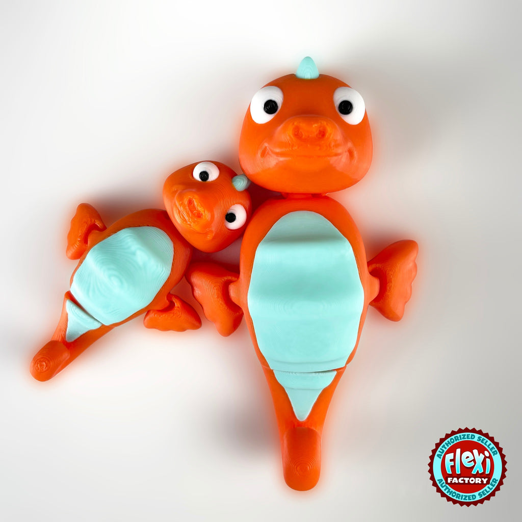 Cute seahorse keychain, 3D printed by RU3D – orange seahorse pair close up. Orange with mint belly, also pink and yellow.