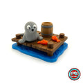 Cute seal keychain, 3D printed by RU3D – on wooden dock playset. Grey with wooden dock playset.