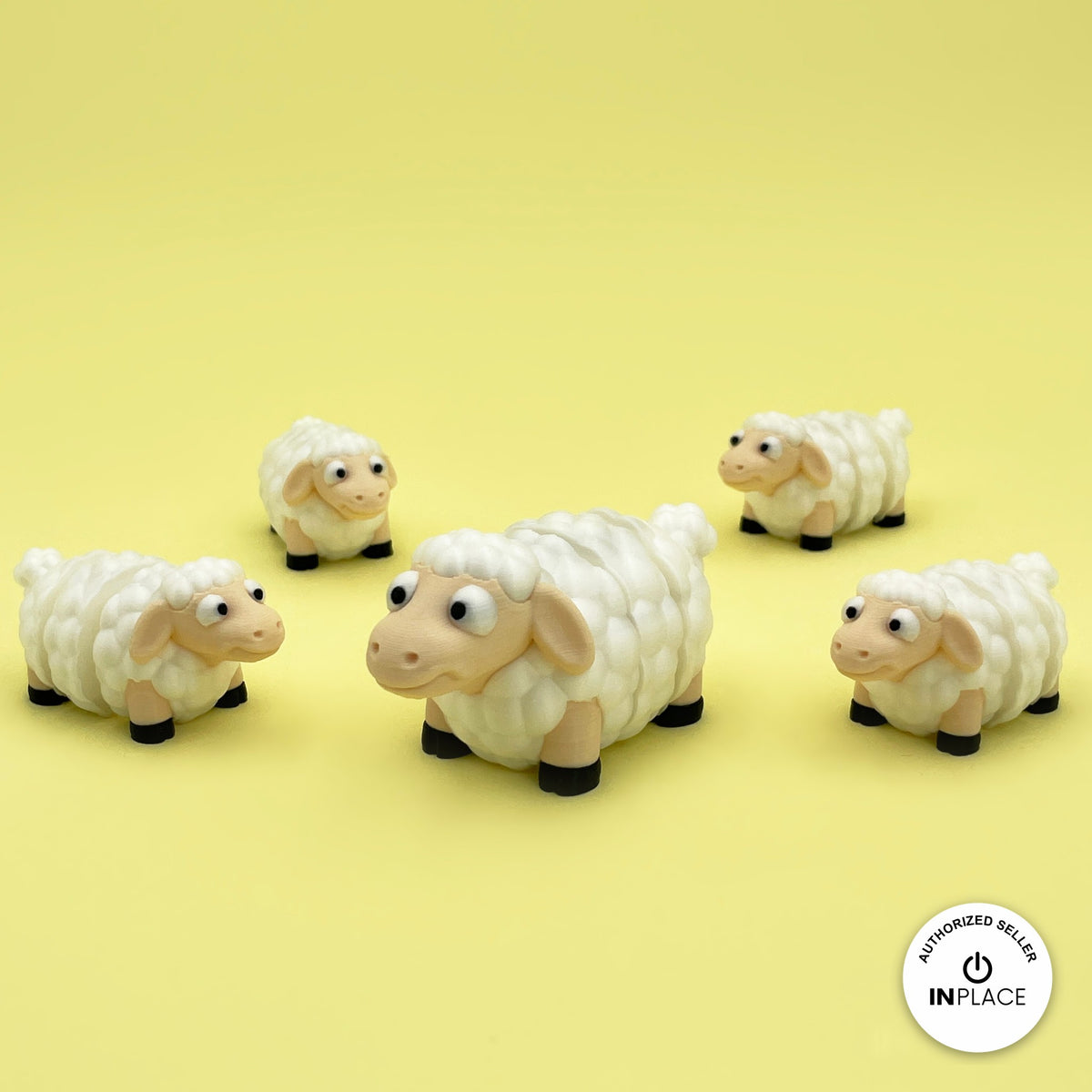 Cute sheep keychain, 3D printed by RU3D – flock of sheep. Cream fluffy wool with black hooves.