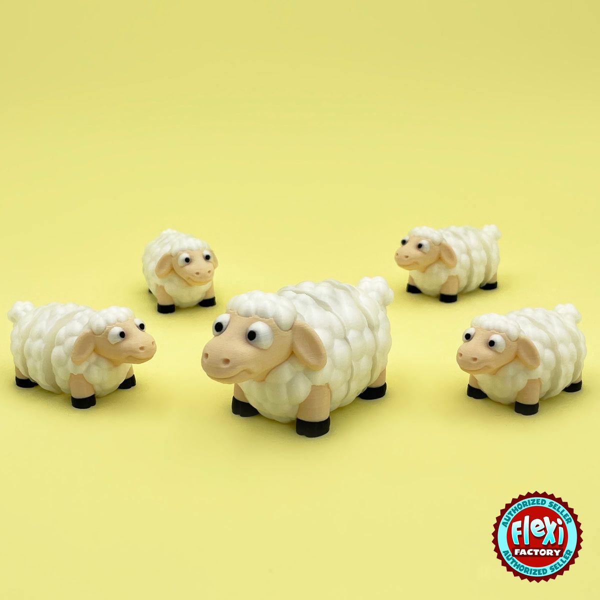 Cute sheep keychain, 3D printed by RU3D – flock of sheep. Cream fluffy wool with black hooves.