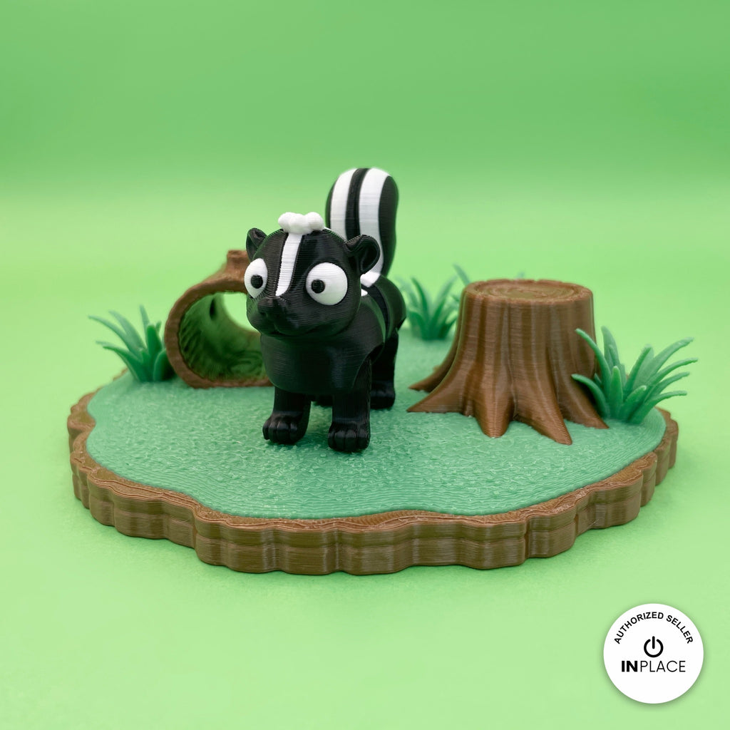 3D printed woodland clearing platform by RU3D, shown with the Skunk keychain