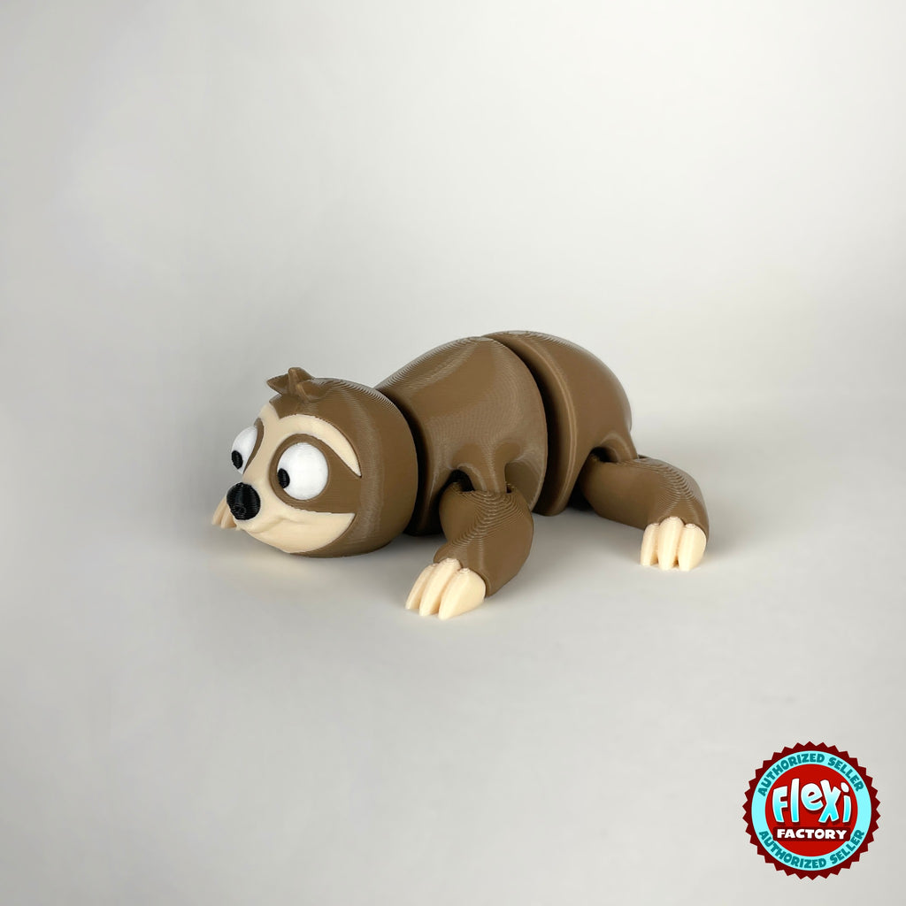 Cute sloth keychain, 3D printed by RU3D – lying down three quarter view. Brown with cream face hugging a branch.
