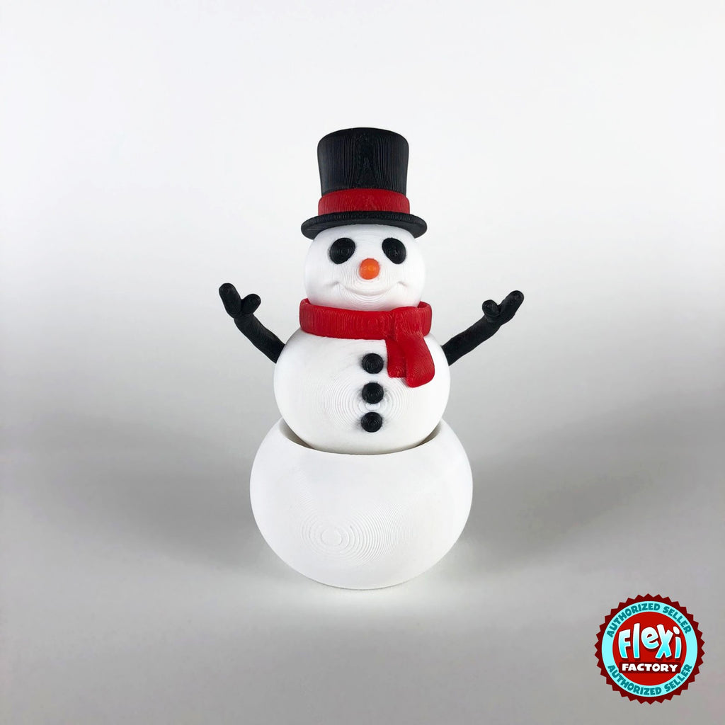 Cute snowman keychain, 3D printed by RU3D – dark eyes front view. White with black top hat and red scarf.