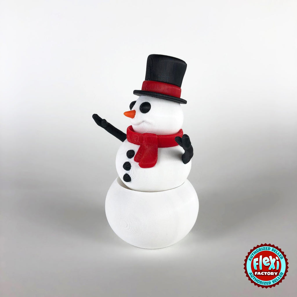 Cute snowman keychain, 3D printed by RU3D – dark eyes side view facing left. White with black top hat and red scarf.