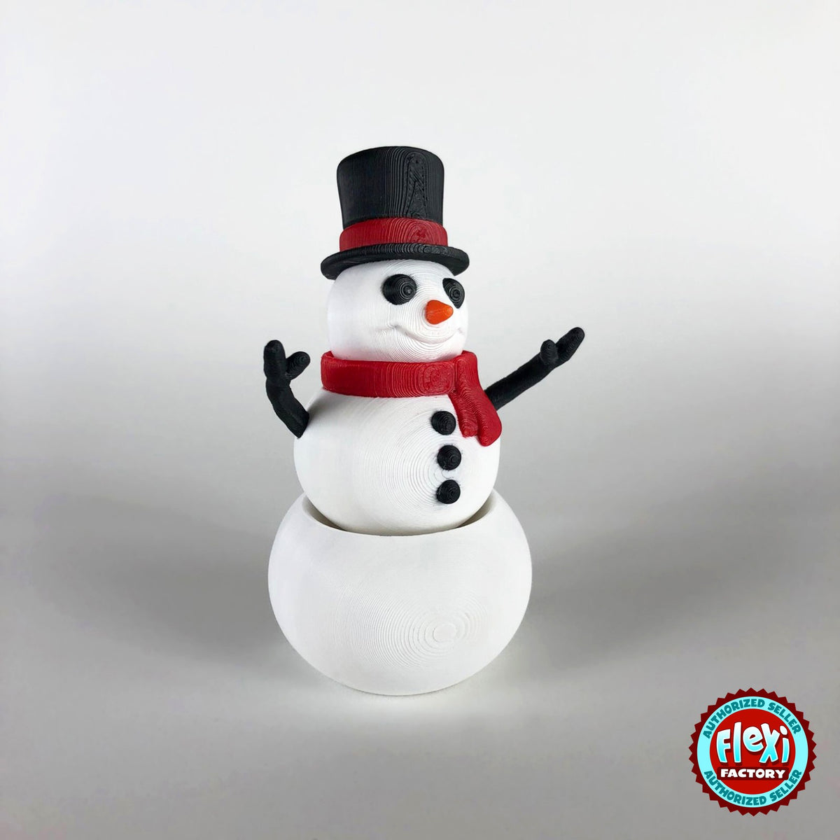 Cute snowman keychain, 3D printed by RU3D – dark eyes three quarter view facing right. White with black top hat and red scarf.