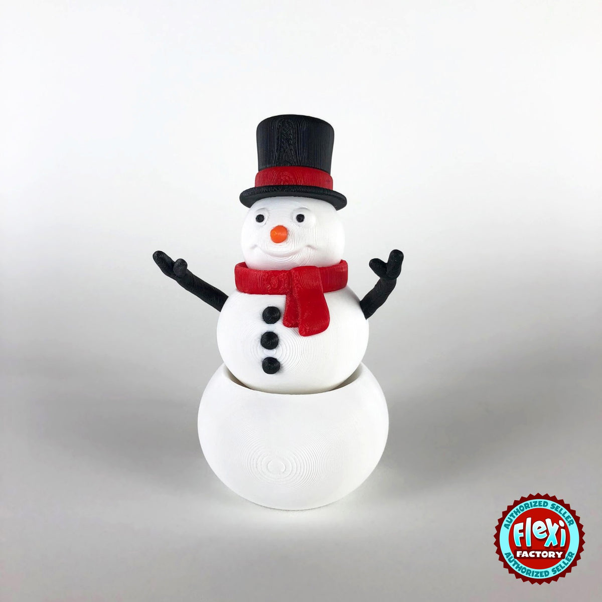 Cute snowman keychain, 3D printed by RU3D – front view arms up. White with black top hat and red scarf.