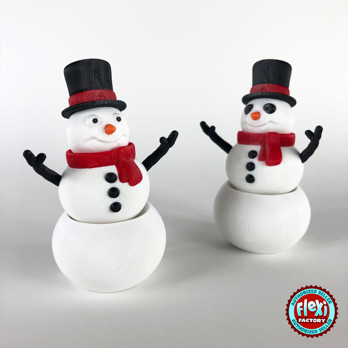 Cute snowman keychain, 3D printed by RU3D – pair of snowmen front view. White with black top hat and red scarf.