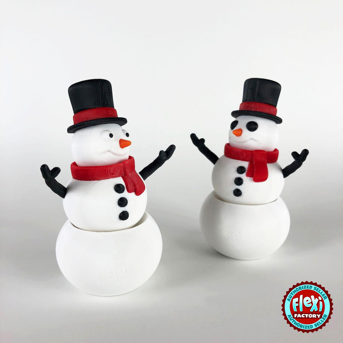 Cute snowman keychain, 3D printed by RU3D – pair of snowmen. White with black top hat and red scarf.