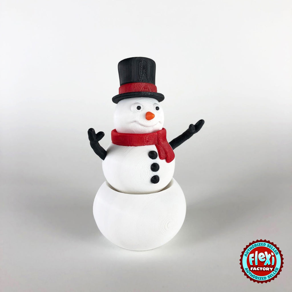 Cute snowman keychain, 3D printed by RU3D – three quarter view facing left. White with black top hat and red scarf.