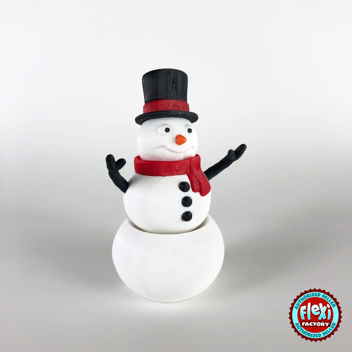 Cute snowman keychain, 3D printed by RU3D – three quarter view facing left. White with black top hat and red scarf.