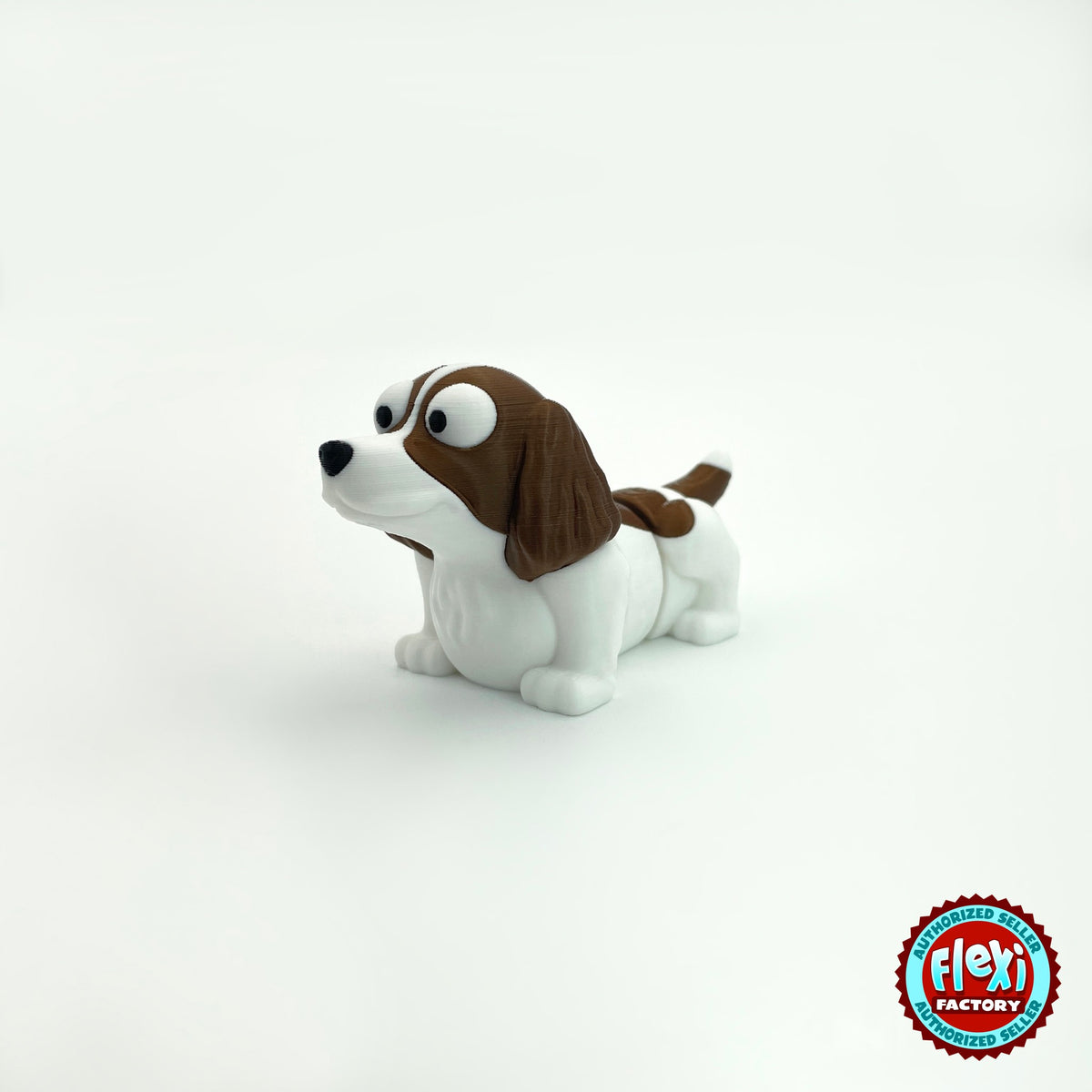 Cute springer spaniel keychain, 3D printed by RU3D – three quarter view facing left. Liver brown and white.