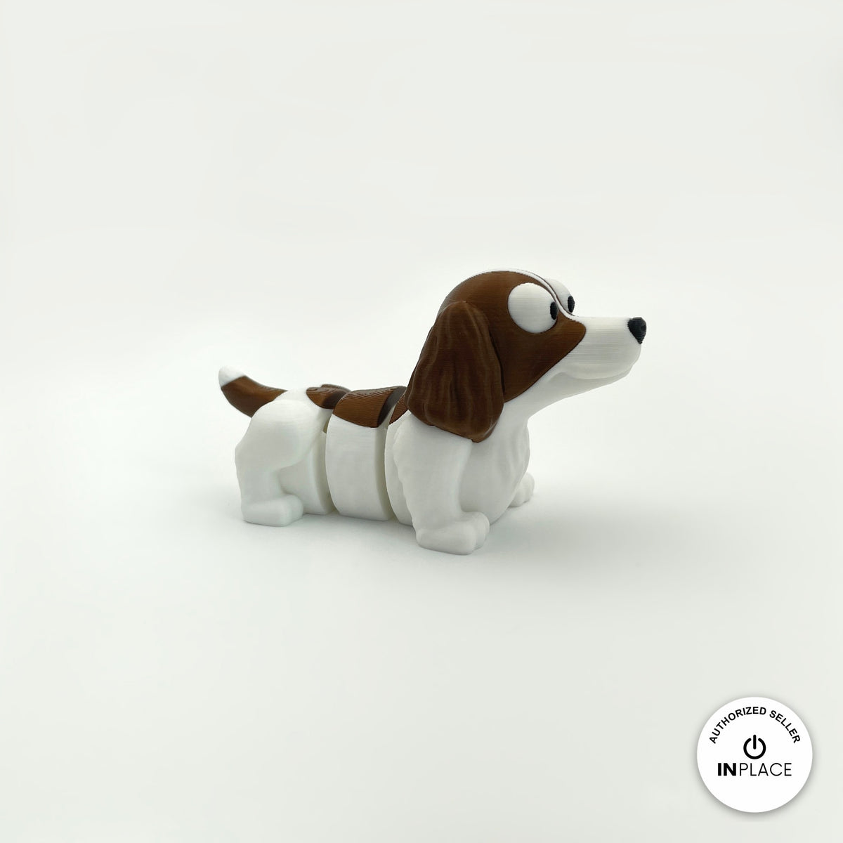 Cute springer spaniel keychain, 3D printed by RU3D – three quarter view facing right. Liver brown and white.