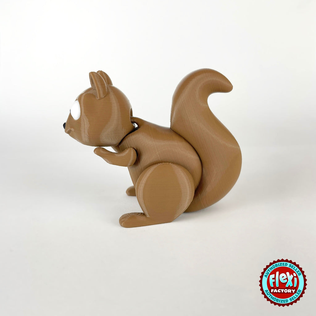 Cute squirrel keychain, 3D printed by RU3D – rear three quarter view. Brown with cream belly and acorns.
