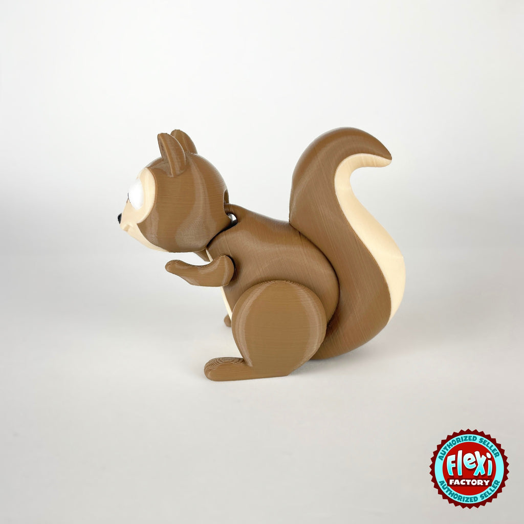 Cute squirrel keychain, 3D printed by RU3D – side view facing left. Brown with cream belly and acorns.