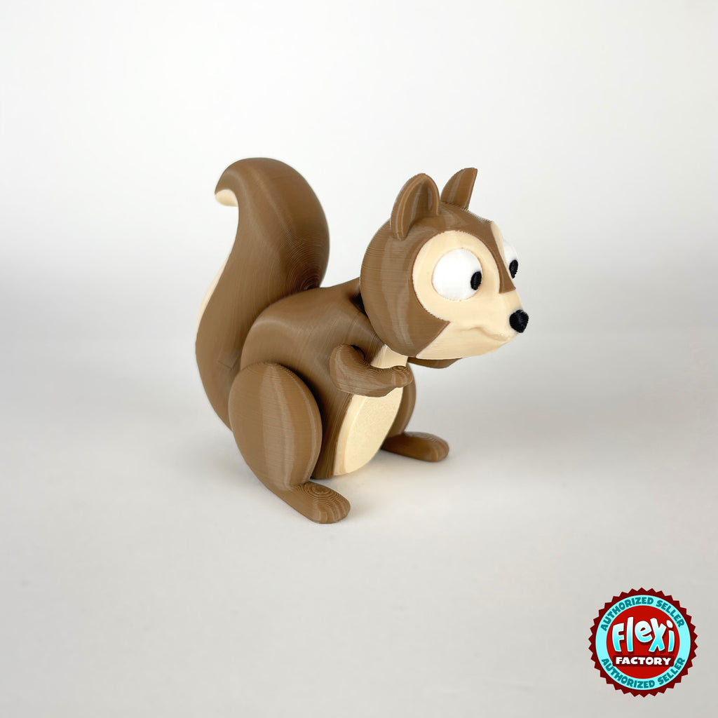 Cute squirrel keychain, 3D printed by RU3D – three quarter view facing right. Brown with cream belly and acorns.