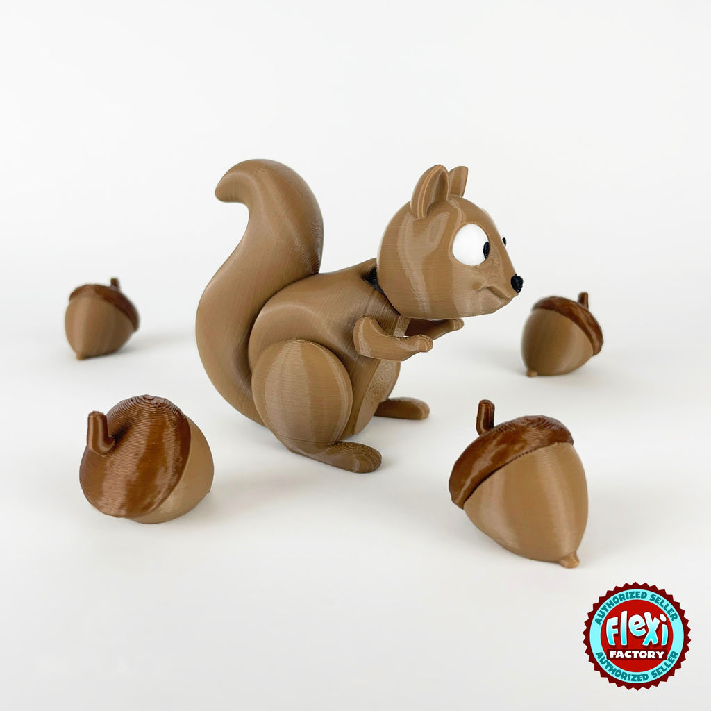Cute squirrel keychain, 3D printed by RU3D – with acorns side view facing right. Brown with cream belly and acorns.