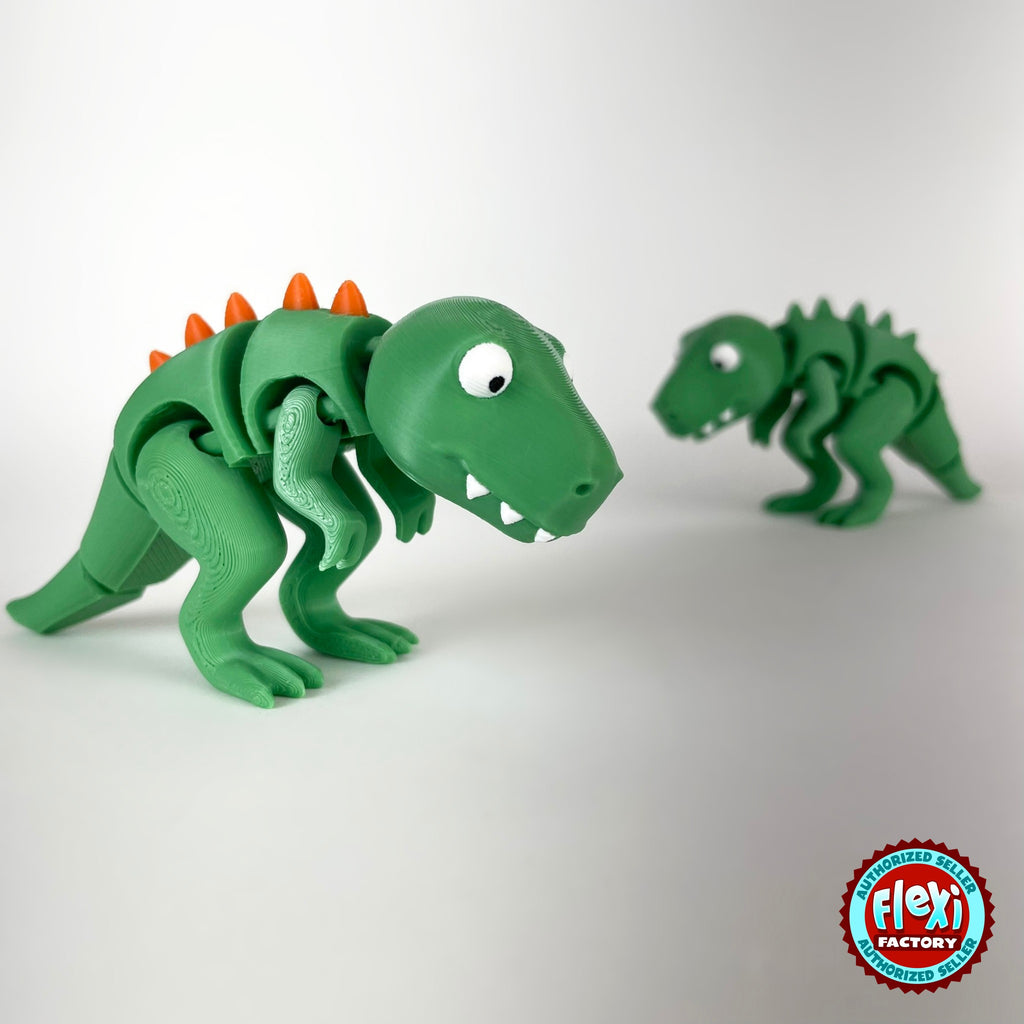 Cute T Rex dinosaur keychain, 3D printed by RU3D – pair of T Rex dinosaurs. Green with orange spikes.