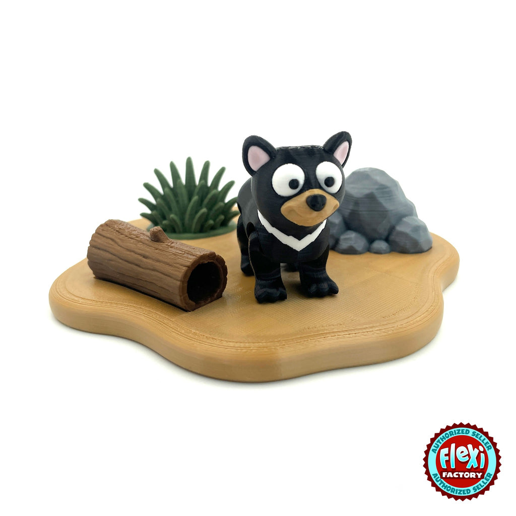 Cute Tasmanian devil keychain, 3D printed by RU3D – with outback habitat playset. Black with white chest and pink ears, outback habitat playset.