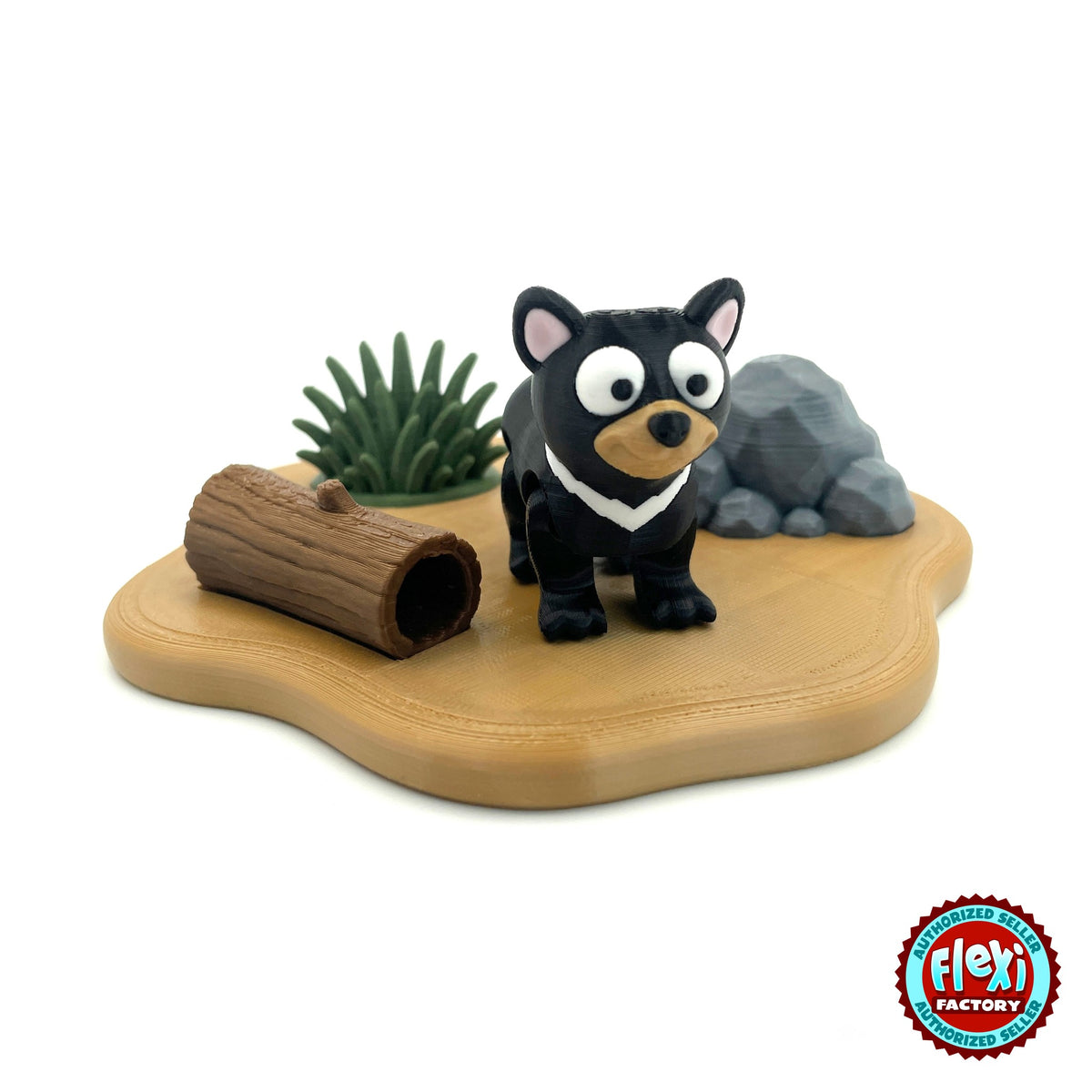Cute Tasmanian devil keychain, 3D printed by RU3D – with outback habitat playset. Black with white chest and pink ears, outback habitat playset.