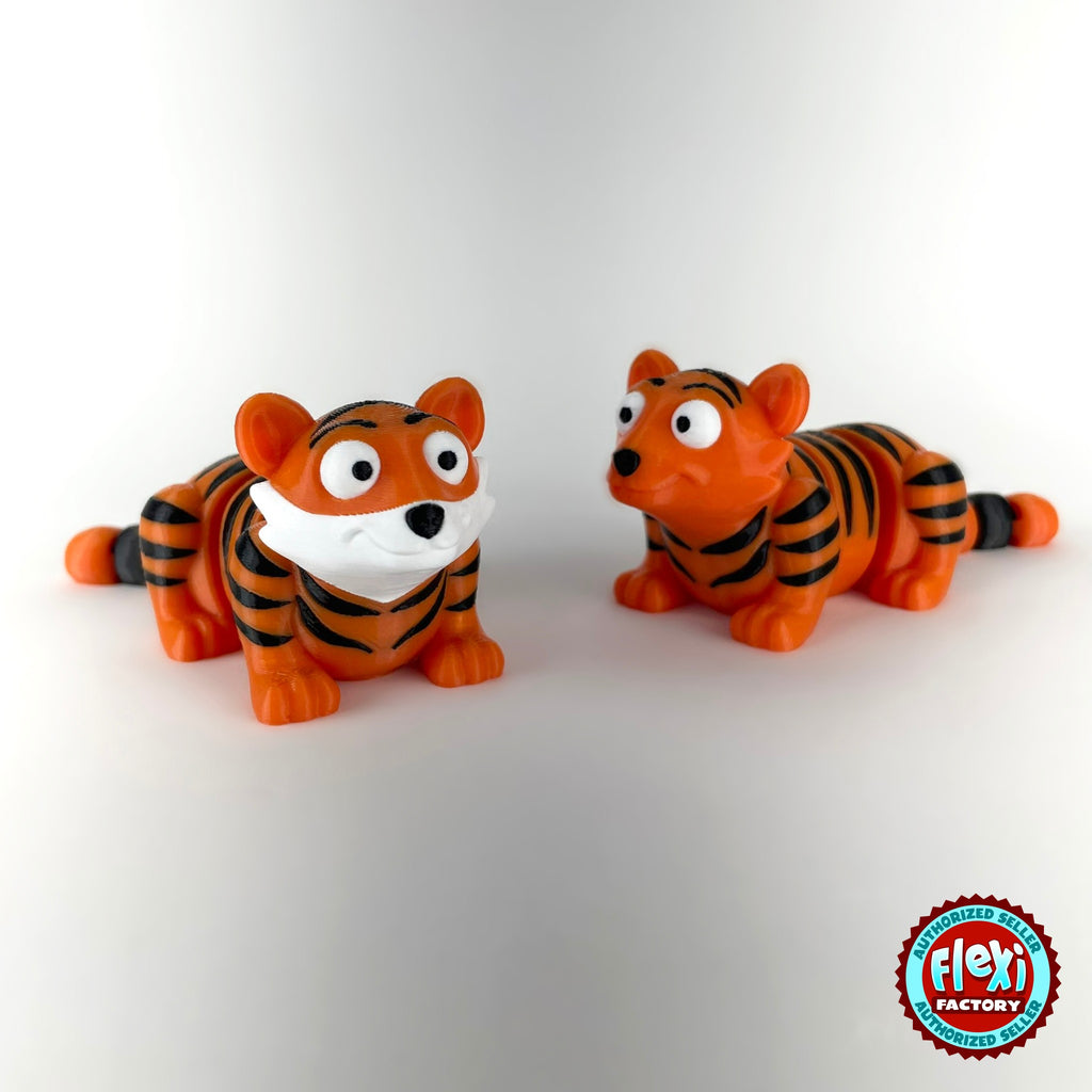 Cute tiger keychain, 3D printed by RU3D – pair of tigers front view. Orange with black stripes.