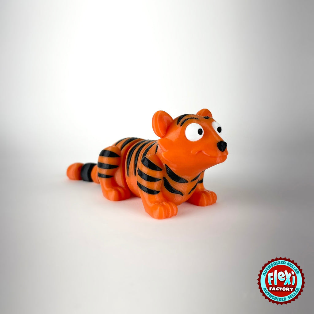 Cute tiger keychain, 3D printed by RU3D – three quarter view facing right. Orange with black stripes.