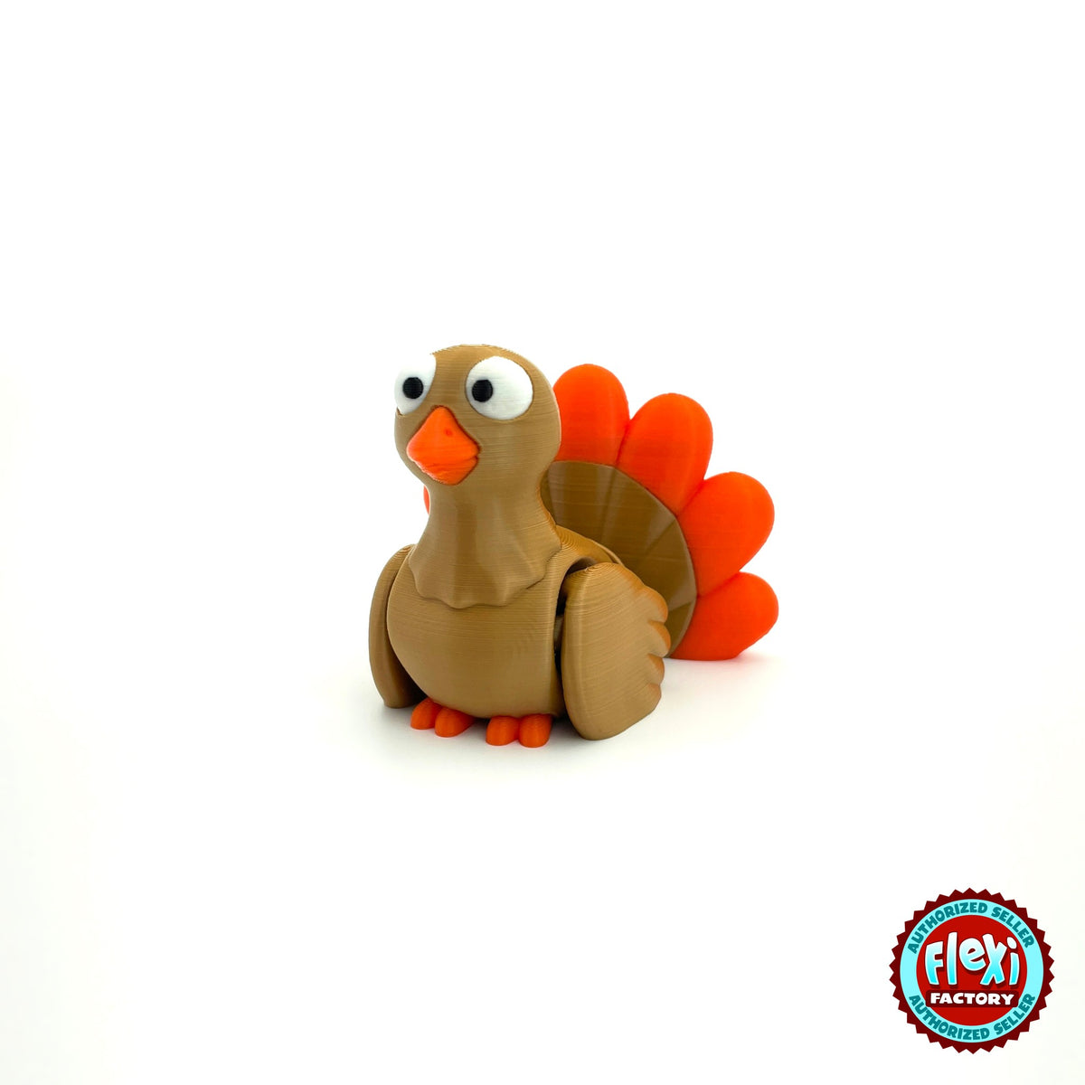 Cute turkey keychain, 3D printed by RU3D – three quarter view facing left. Brown with orange tail feathers.