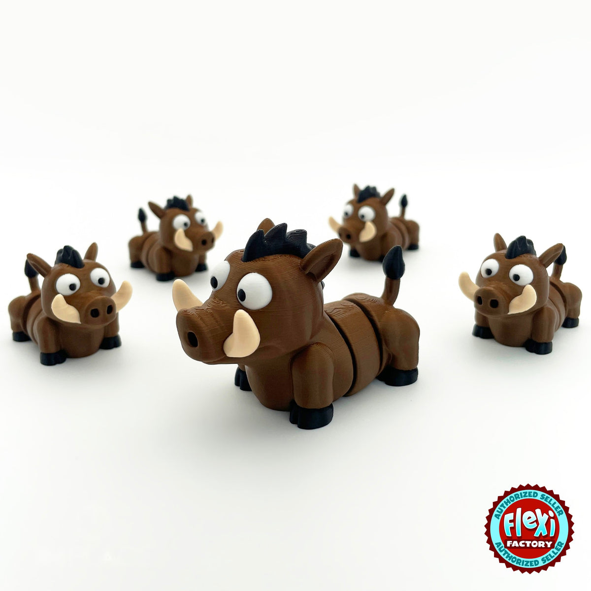 Cute warthog keychain, 3D printed by RU3D – group of warthogs facing left. Brown with cream tusks and black mane.