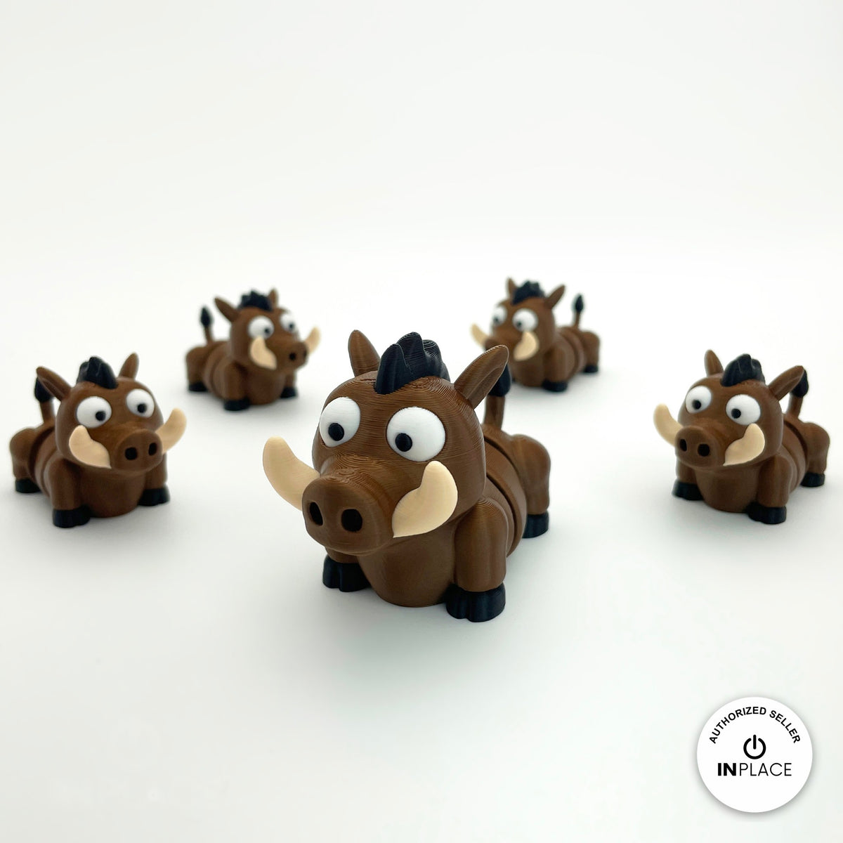 Cute warthog keychain, 3D printed by RU3D – sounder of warthogs. Brown with cream tusks and black mane.