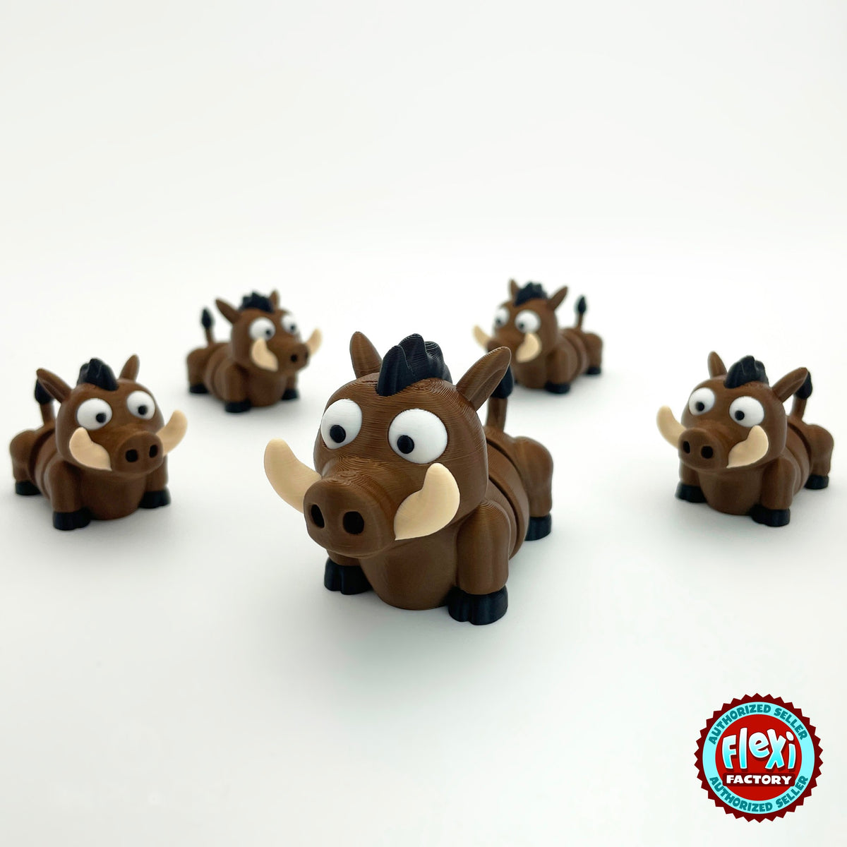 Cute warthog keychain, 3D printed by RU3D – sounder of warthogs. Brown with cream tusks and black mane.