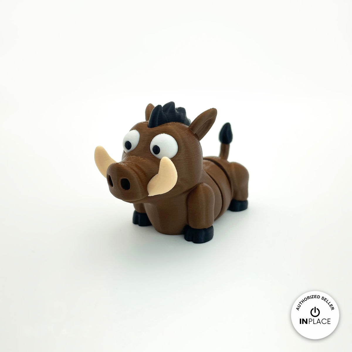 Cute warthog keychain, 3D printed by RU3D – three quarter view facing left. Brown with cream tusks and black mane.