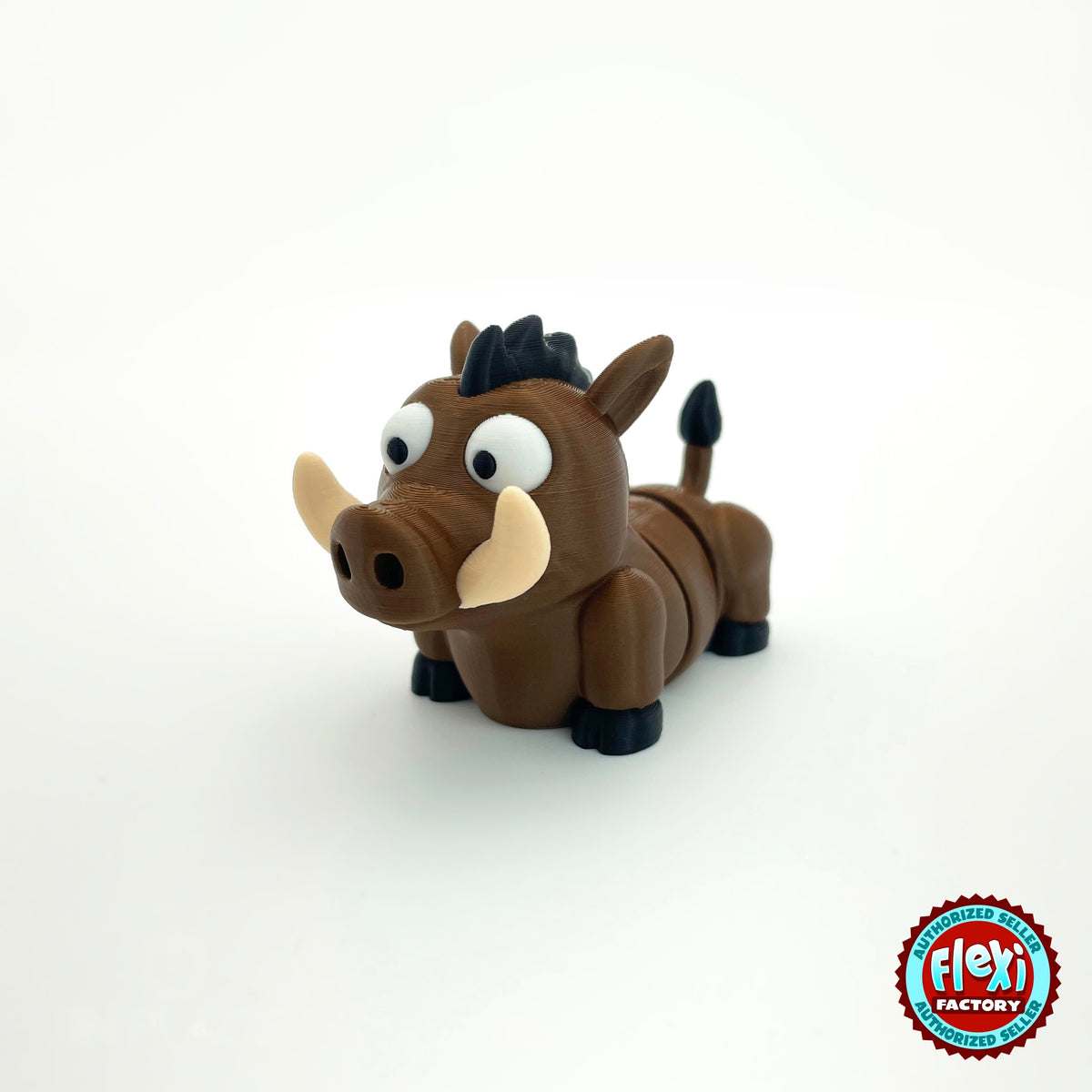 Cute warthog keychain, 3D printed by RU3D – three quarter view facing left. Brown with cream tusks and black mane.