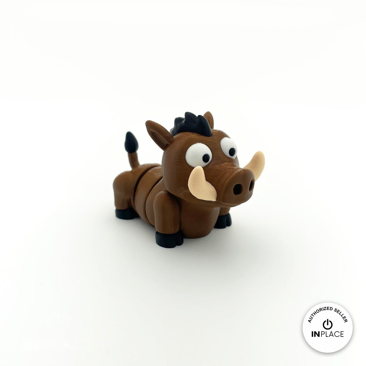 Cute warthog keychain, 3D printed by RU3D – three quarter view facing right. Brown with cream tusks and black mane.
