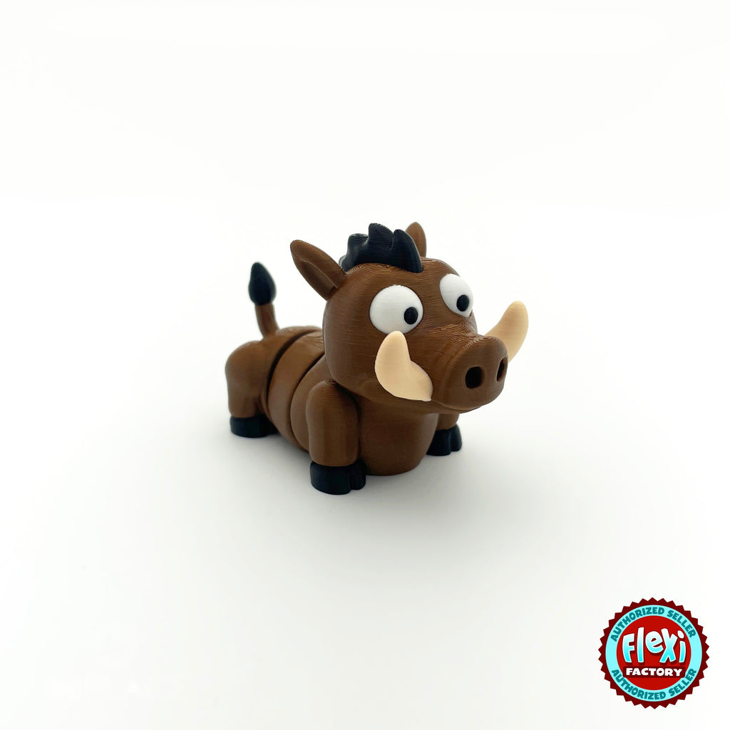 Cute warthog keychain, 3D printed by RU3D – three quarter view facing right. Brown with cream tusks and black mane.