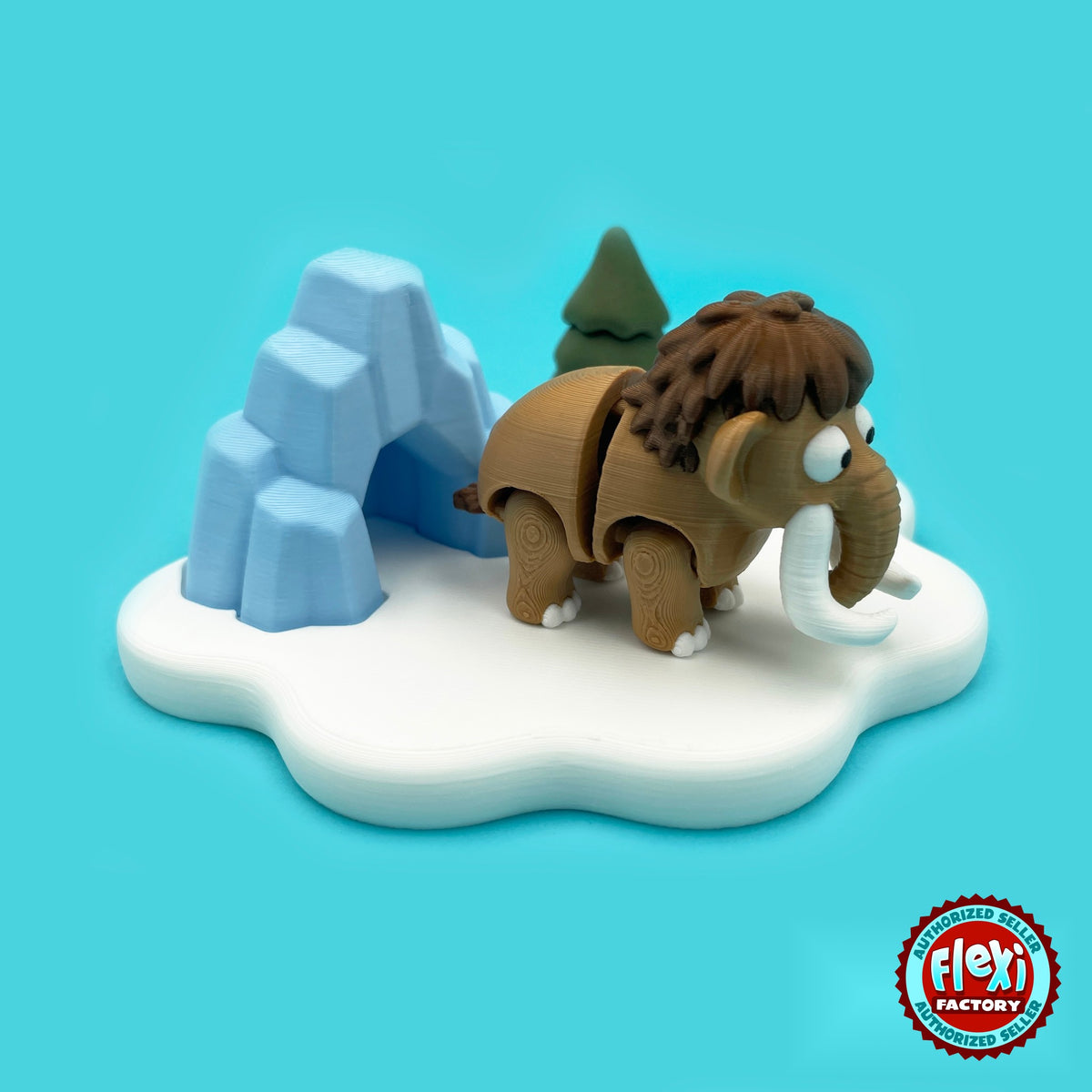 Cute woolly mammoth keychain, 3D printed by RU3D – side view on ice age playset. Brown with white tusks and ice age playset.