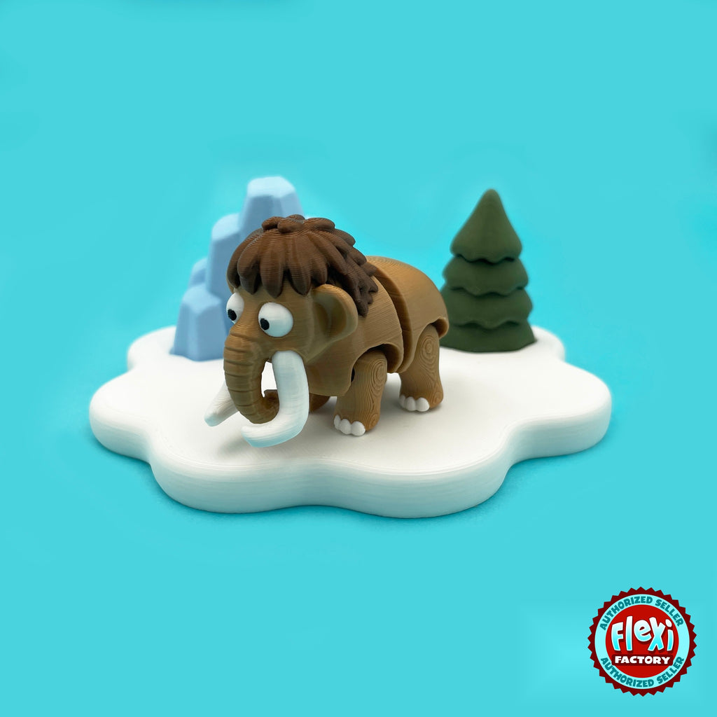 Cute woolly mammoth keychain, 3D printed by RU3D – three quarter view with ice cave. Brown with white tusks and ice age playset.