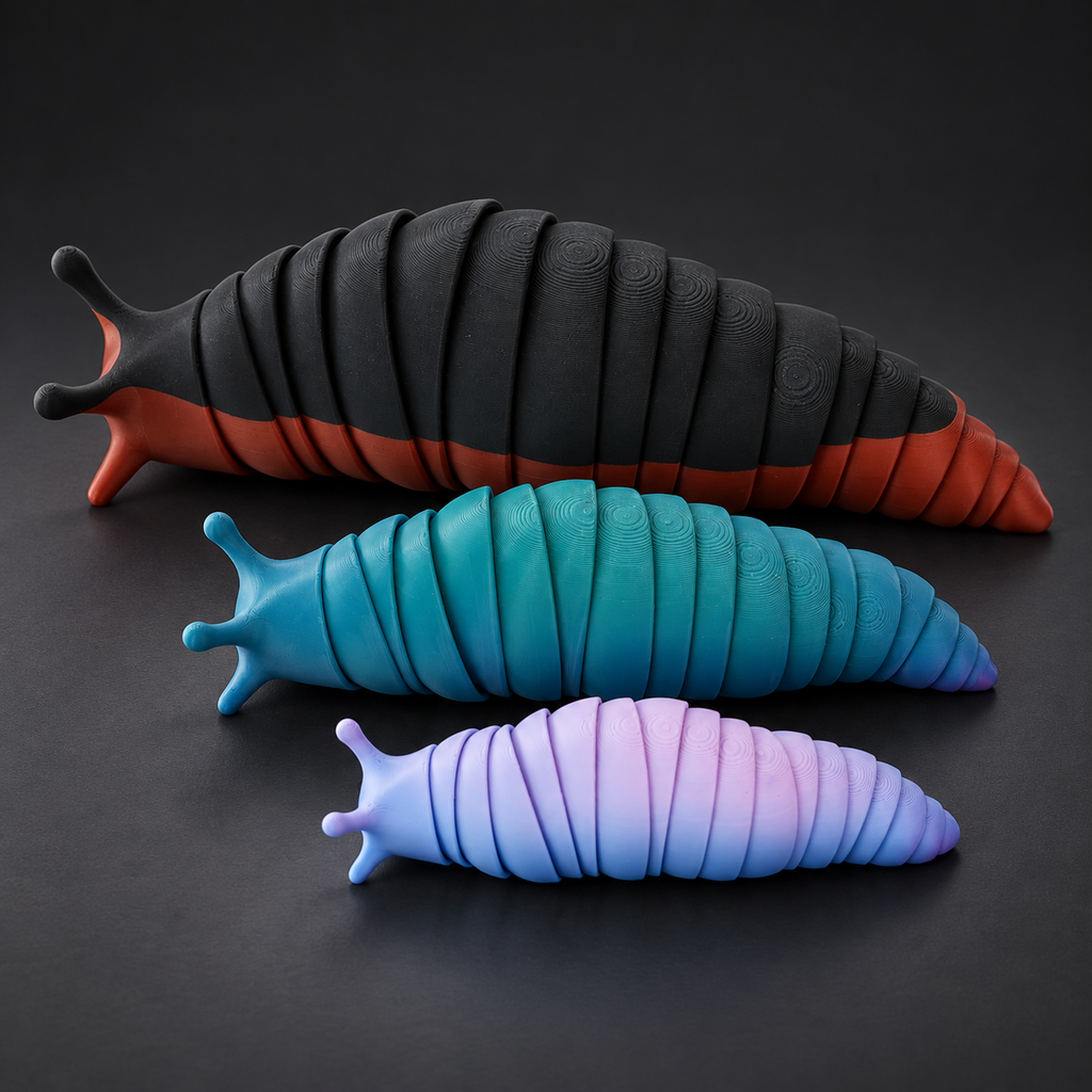 Colourful Flexi Slug with articulated segmented body displayed on a dark charcoal studio background.