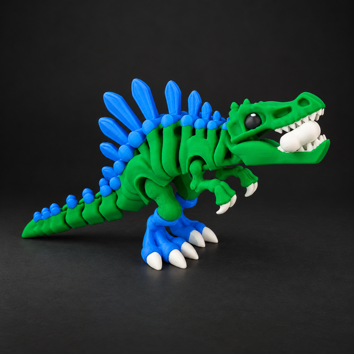 Standing flexible dinosaur figure in multicolour filament