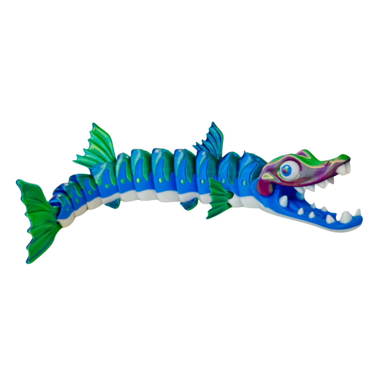 Flexible Skeleton Barracuda 3D printed by RU3D – premium multicolour blue and green finish