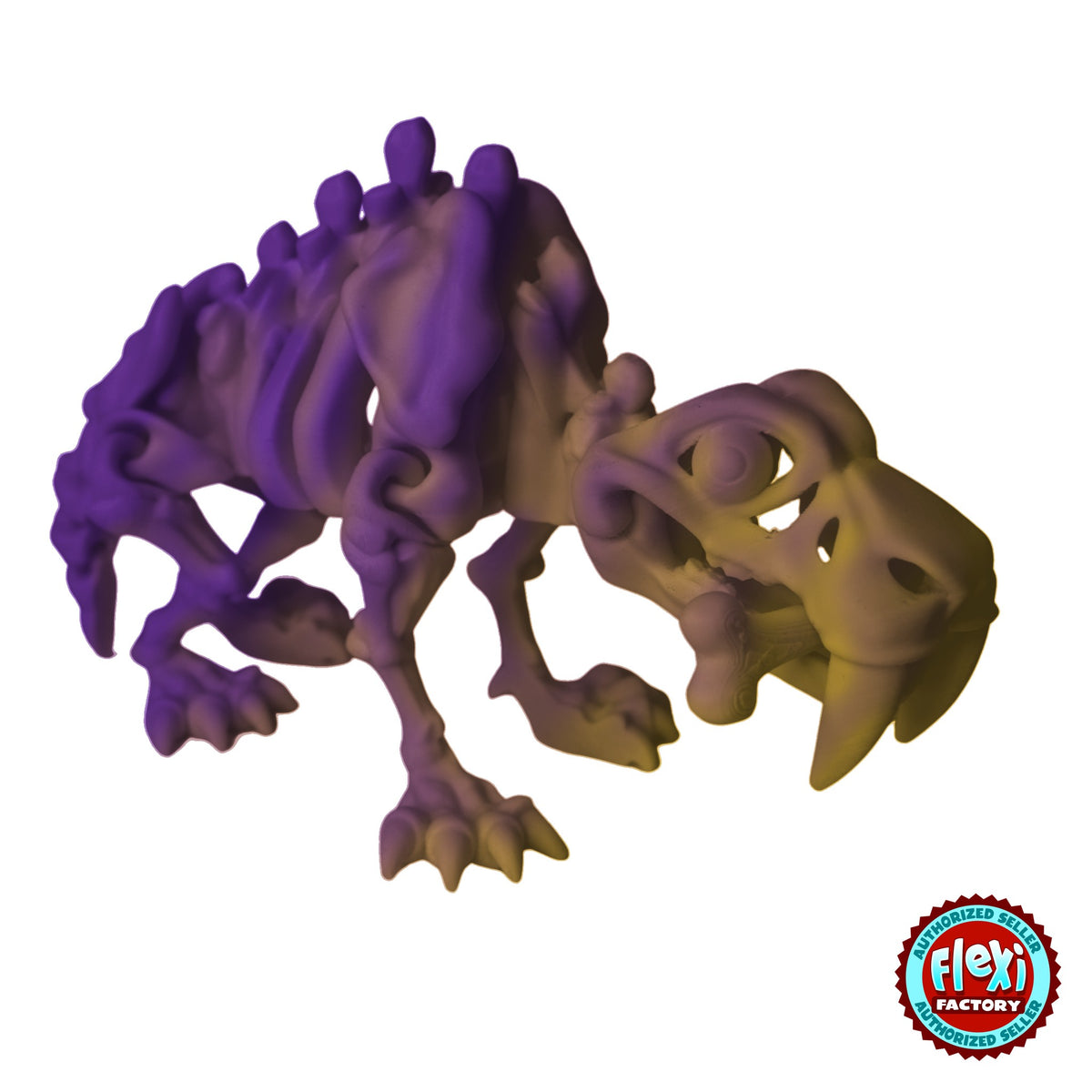 Flexible Skeleton Saber-Tooth Tiger 3D printed by RU3D – purple and gold dual colour silk finish