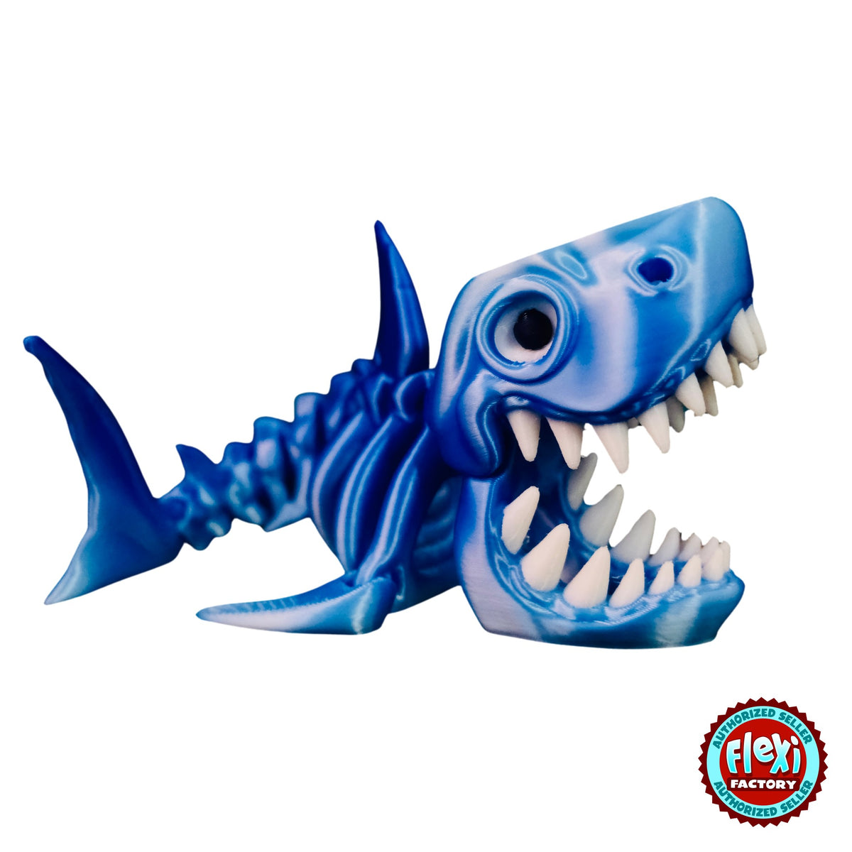 Flexible Skeleton Shark 3D printed by RU3D – premium multicolour finish with bone white teeth