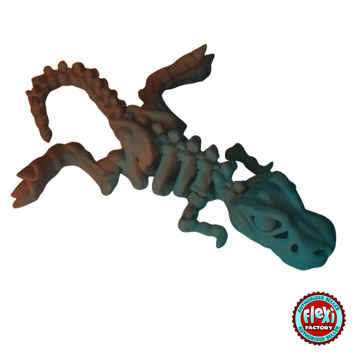 Articulated Flexible T-Rex Skeleton 3D printed by RU3D – copper and teal dual colour silk finish