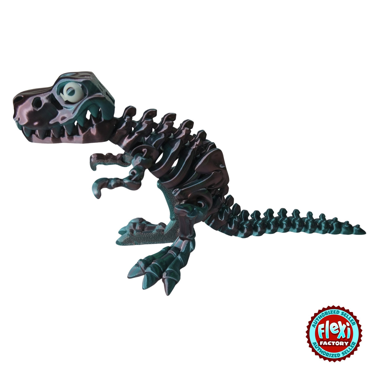 Articulated Flexible T-Rex Skeleton 3D printed by RU3D – premium multicolour front view