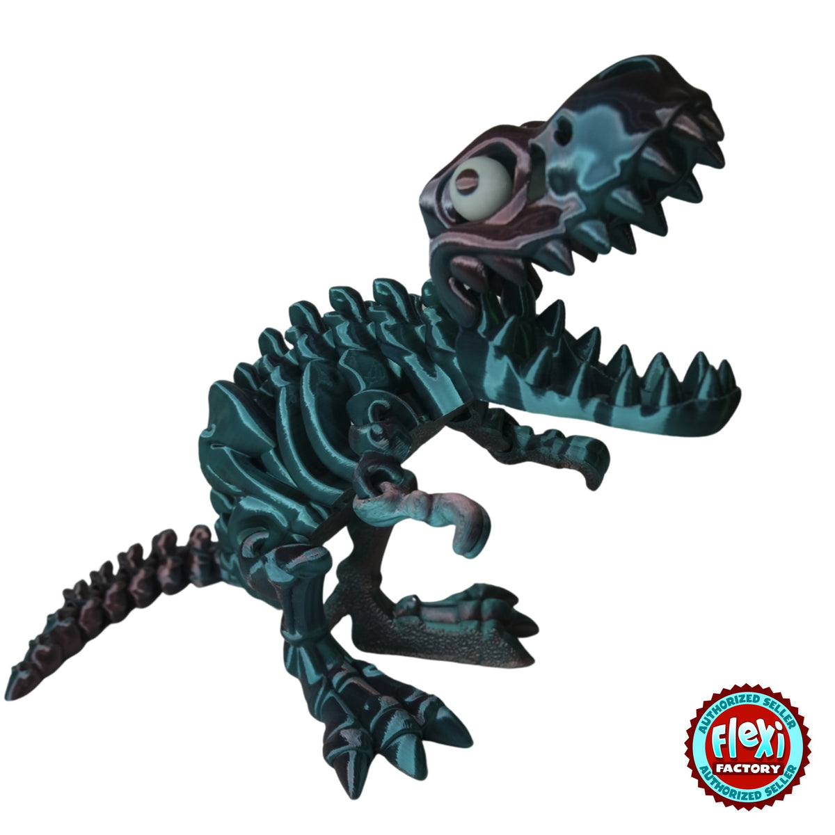 Articulated Flexible T-Rex Skeleton 3D printed by RU3D – premium multicolour side view