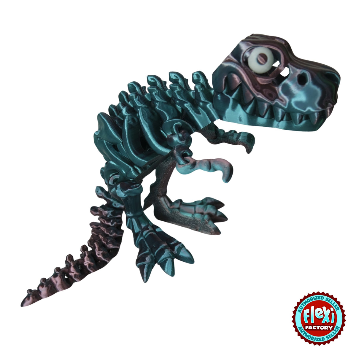 Articulated Flexible T-Rex Skeleton 3D printed by RU3D – premium multicolour silk